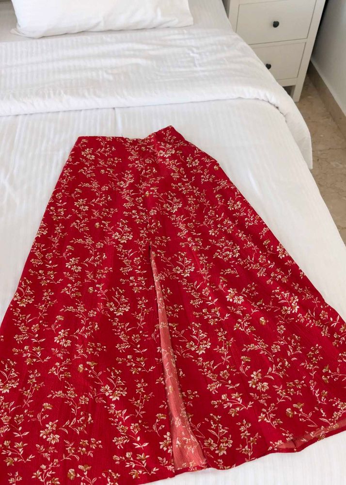 Red Floral Slit Skirt