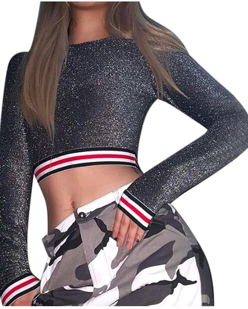 Long Sleeve Crop Glitter Sequins T-shirt(Women&#39;s)