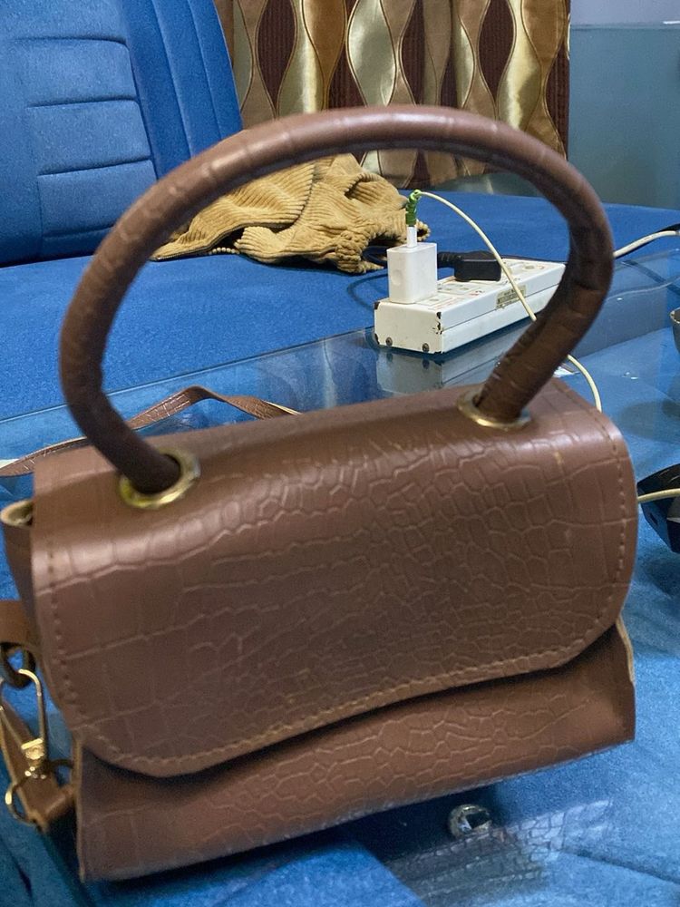 Brown Croc-Embossed Top Handle Bag