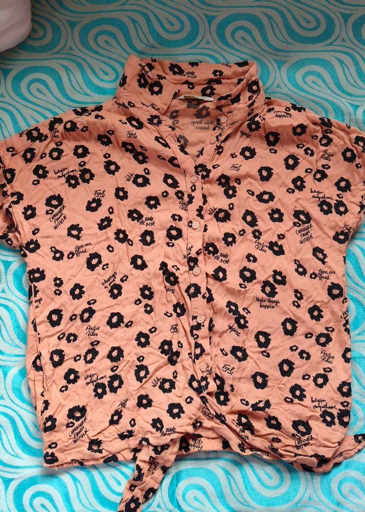 Peach Floral Print Tie-Front Shirt