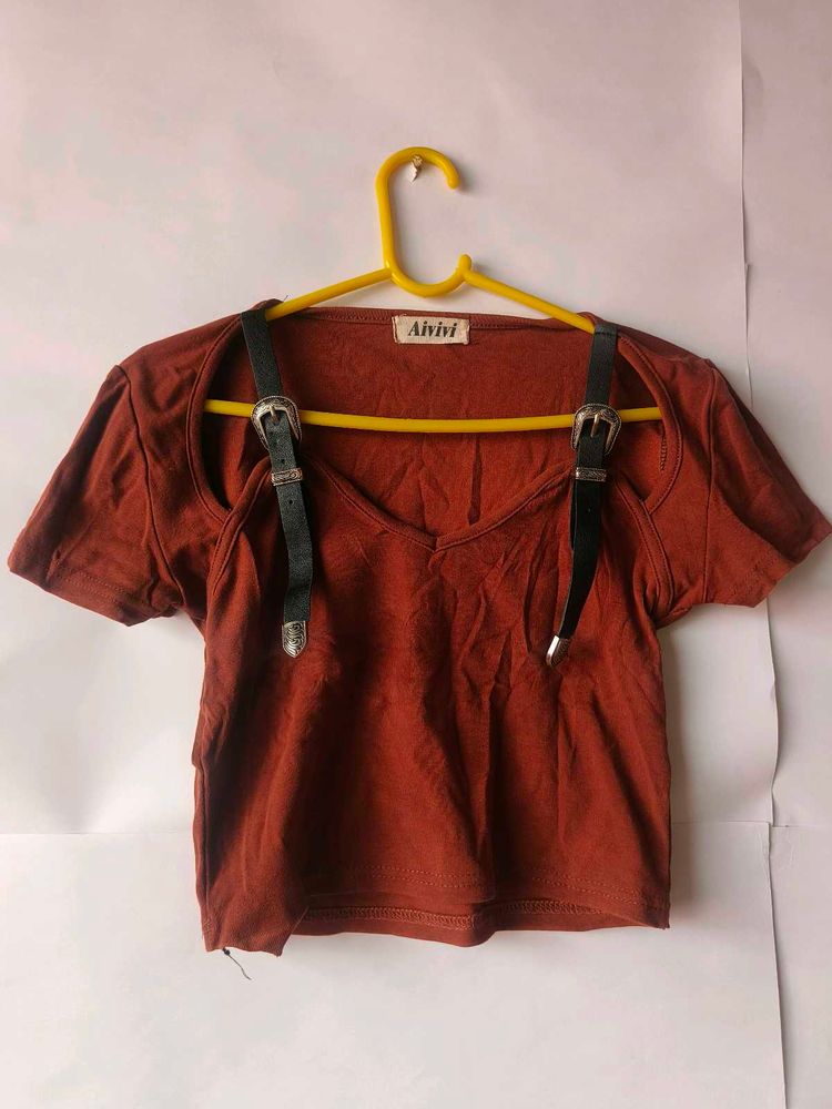 Y2K grunge vintage buckle strap brown crop top