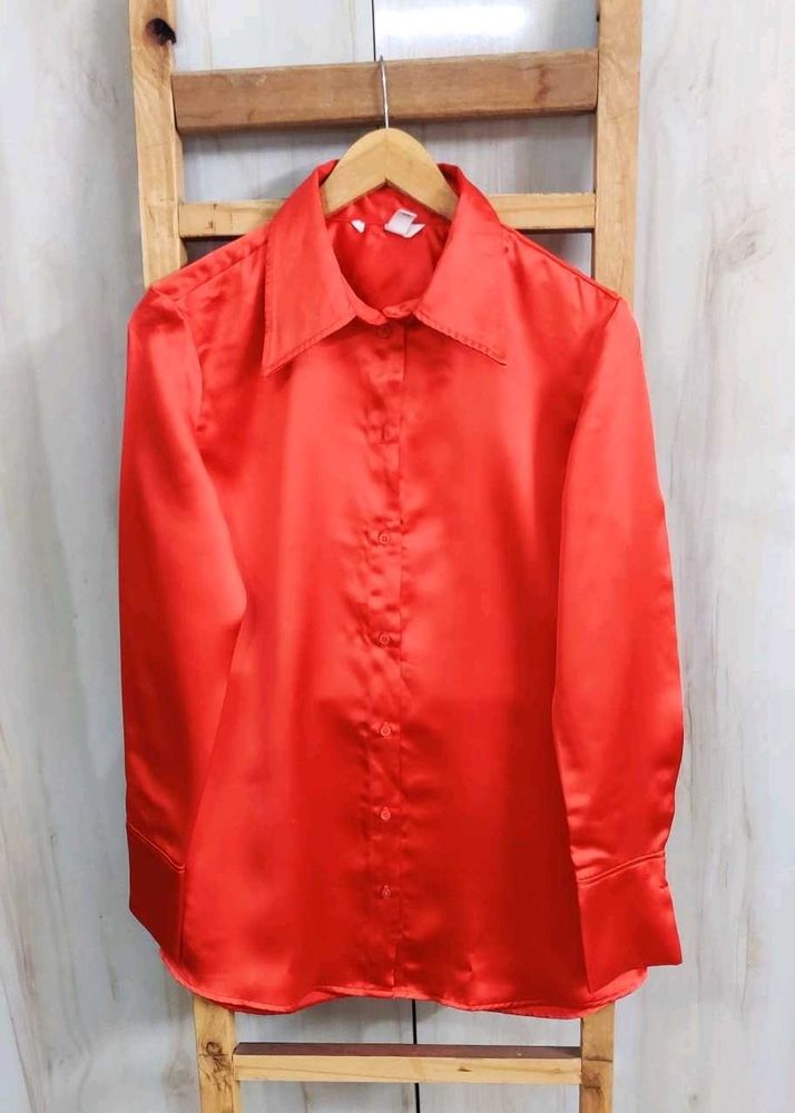 Red Satin Button-Down Shirt size-36-M