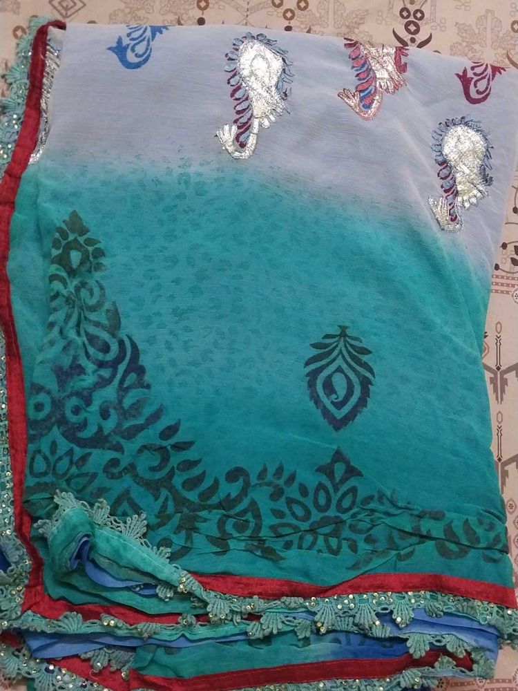 Elegant Teal &amp; Silver Saree