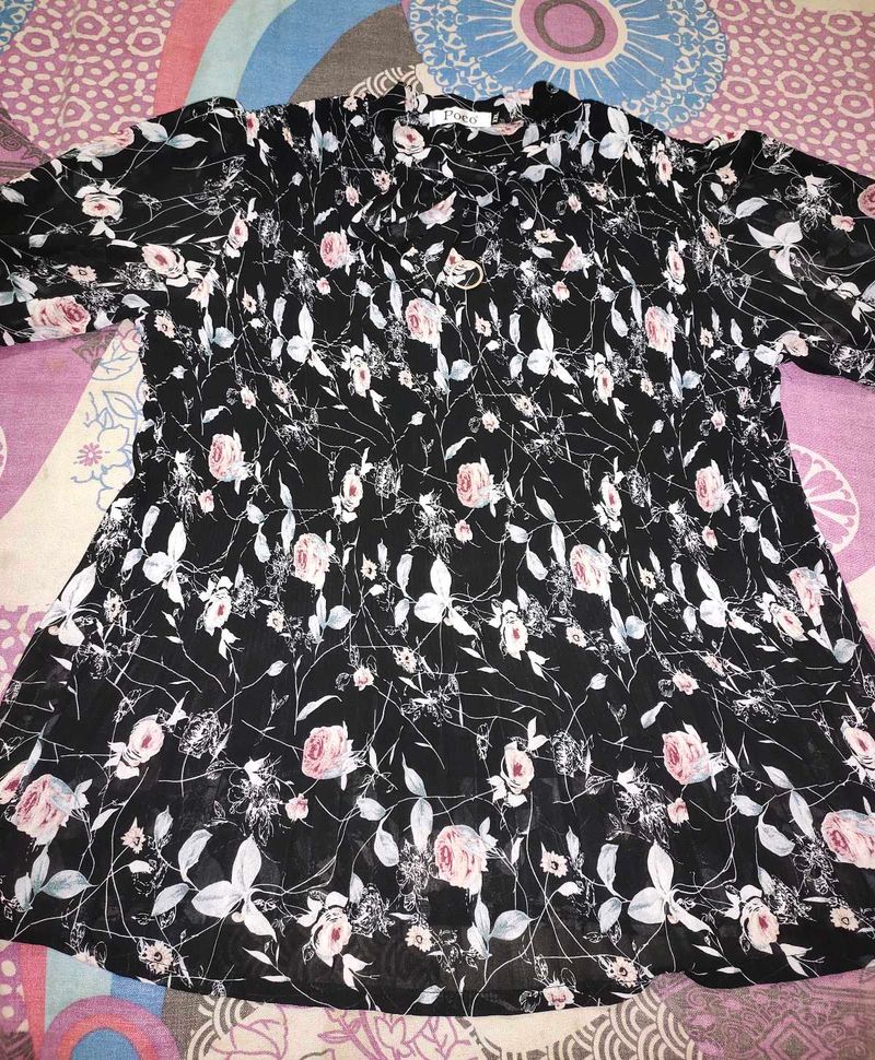 Floral Printed Full Puffed Sleeves Black Top