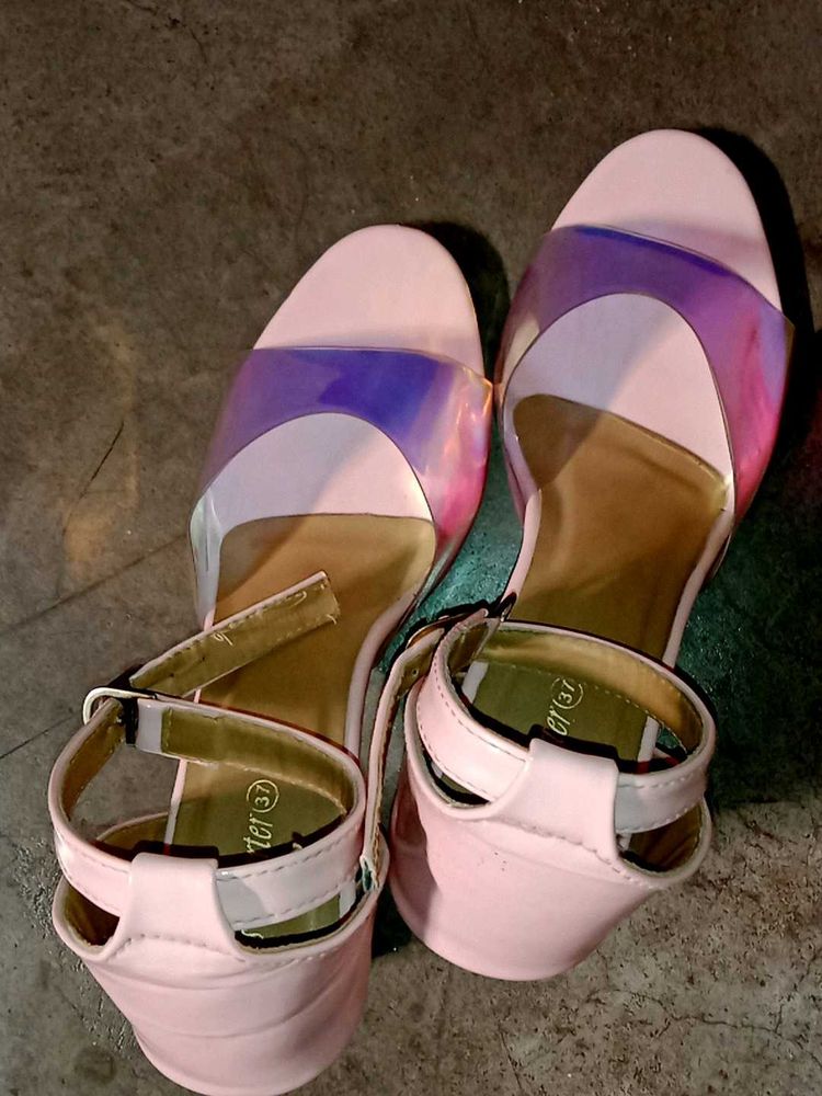 Baby Pink Holographic Heel Sandals