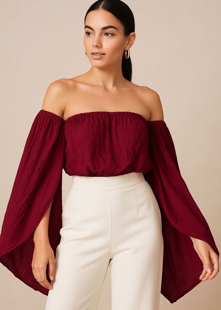 Maroon Off-Shoulder Bell Sleeve Crop Top