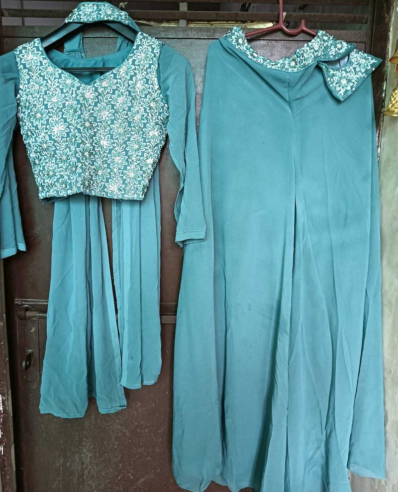 Teal Embroidered Crop Top &amp; Palazzo Set