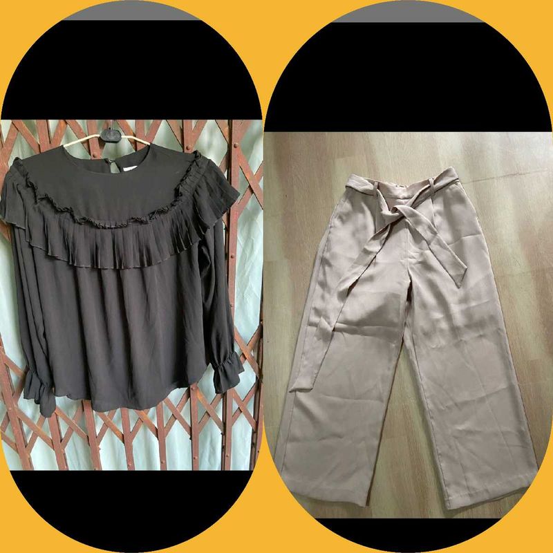 Ruffled Blouse &amp; Wide Leg Light Lavender Pants Set