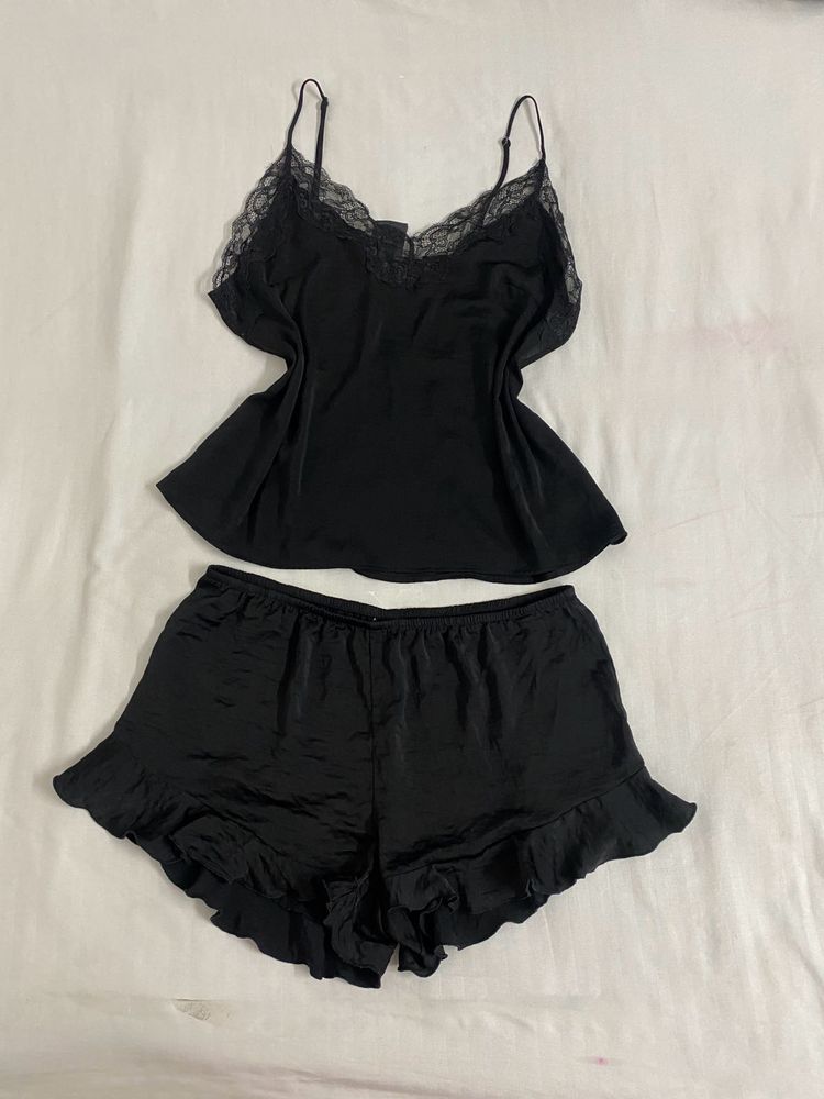 Black Lace Lingerie Set fits S/M(soft Satin )