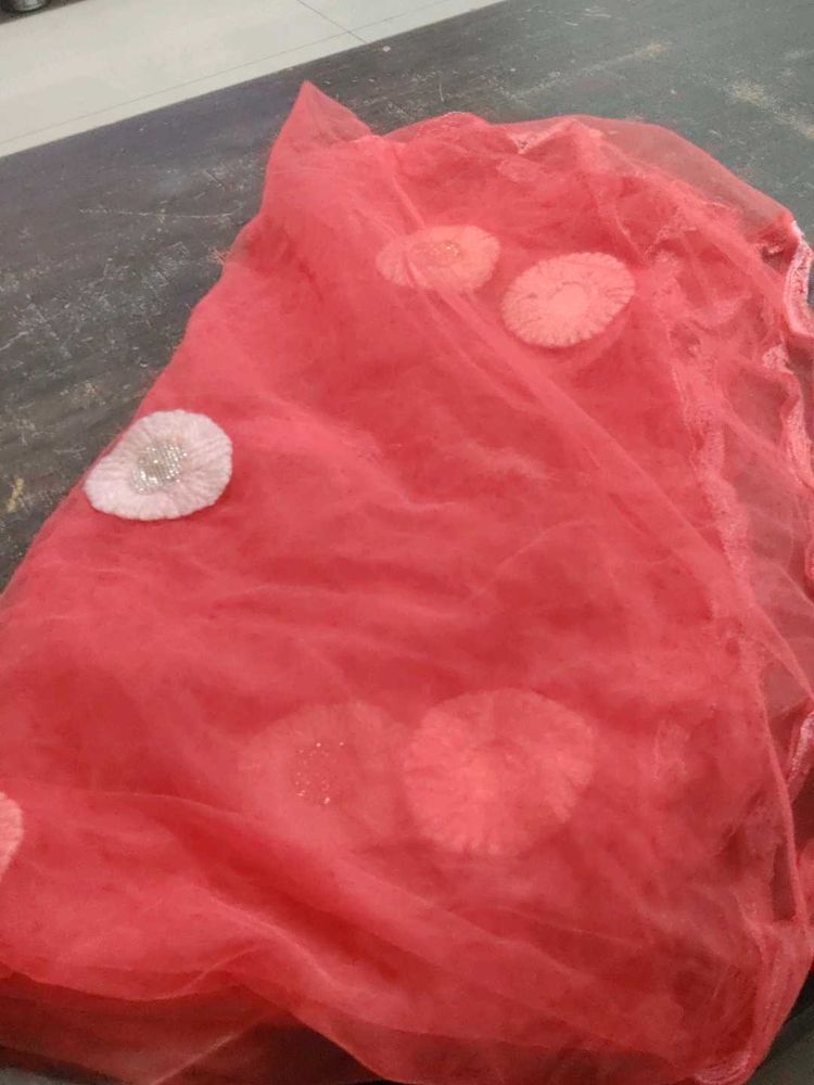 Red Net Dupatta with Floral Details