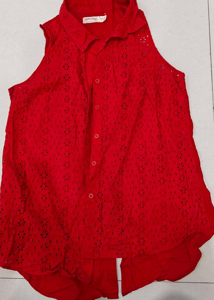 Red Eyelet Sleeveless Blouse