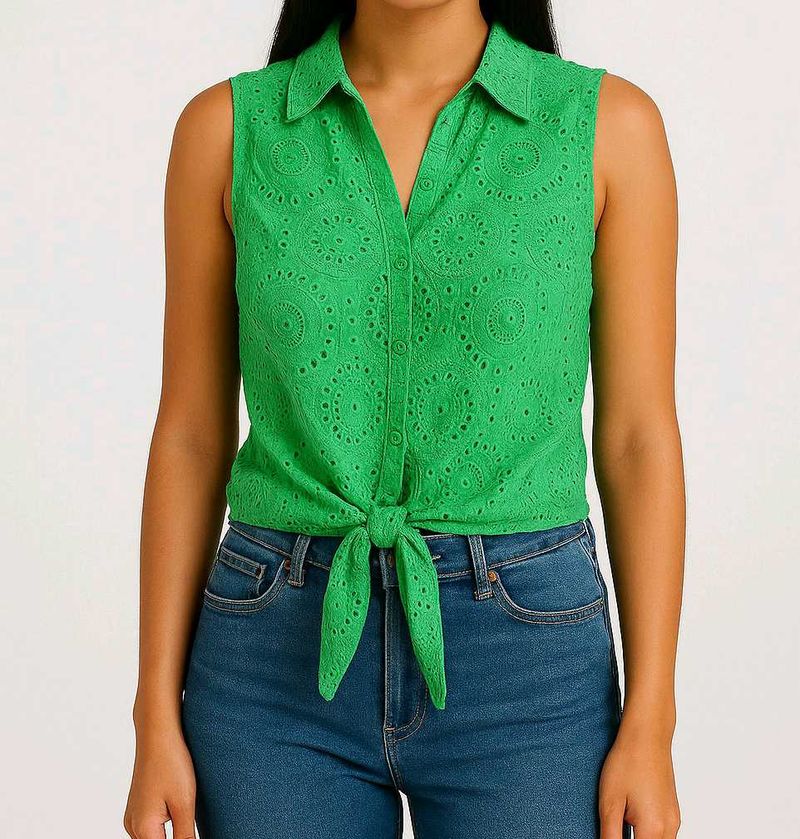 &#34;Mint Breeze&#34; Sheer Lace Tie-Front Top