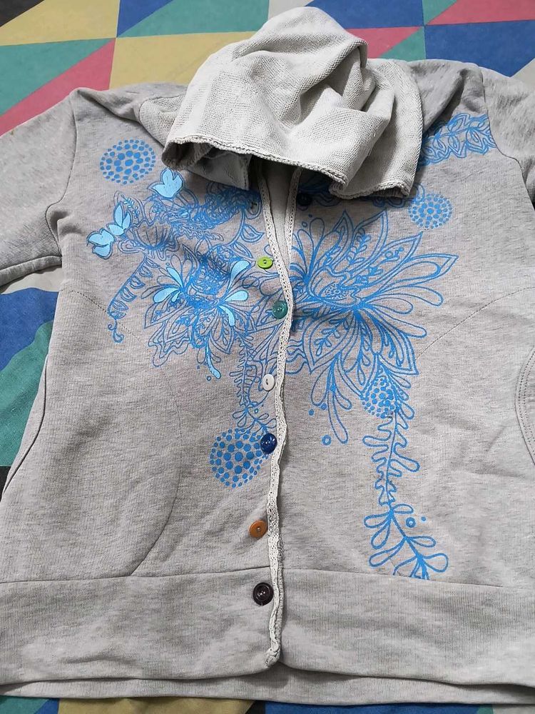 Floral Print Hoodie with Buttons