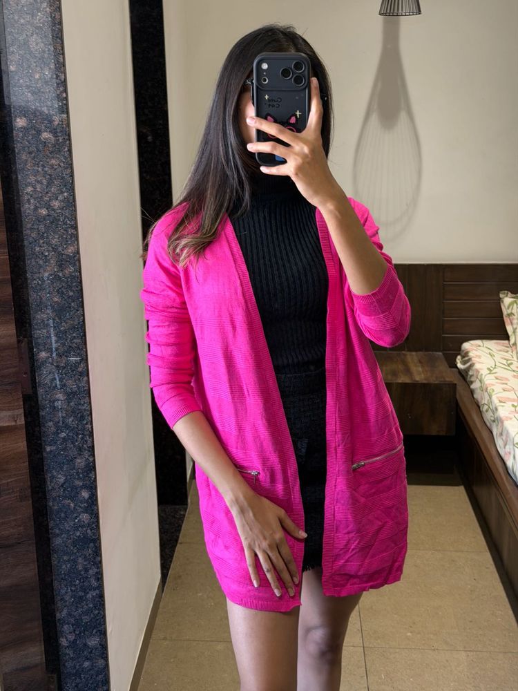 Bright Pink Open Front Cardigan