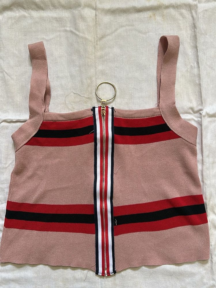 Striped Zip-Front Crop Tank Top