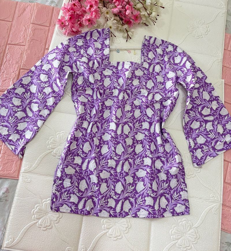 lavender Bloom Cotton Short Kurti