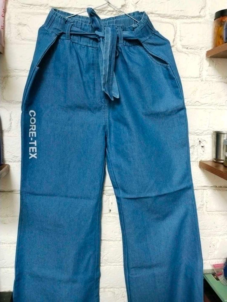Blue Wide-Leg Tie Waist Pants