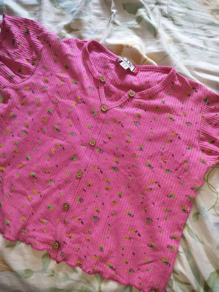 Pink Floral Ribbed Button-Down Top