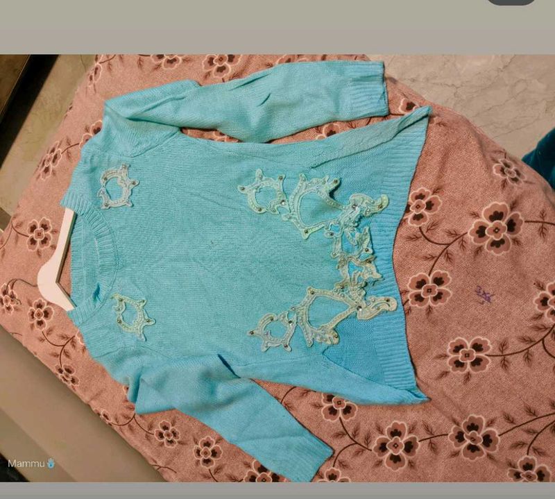 Aqua Embellished Knit Sweater