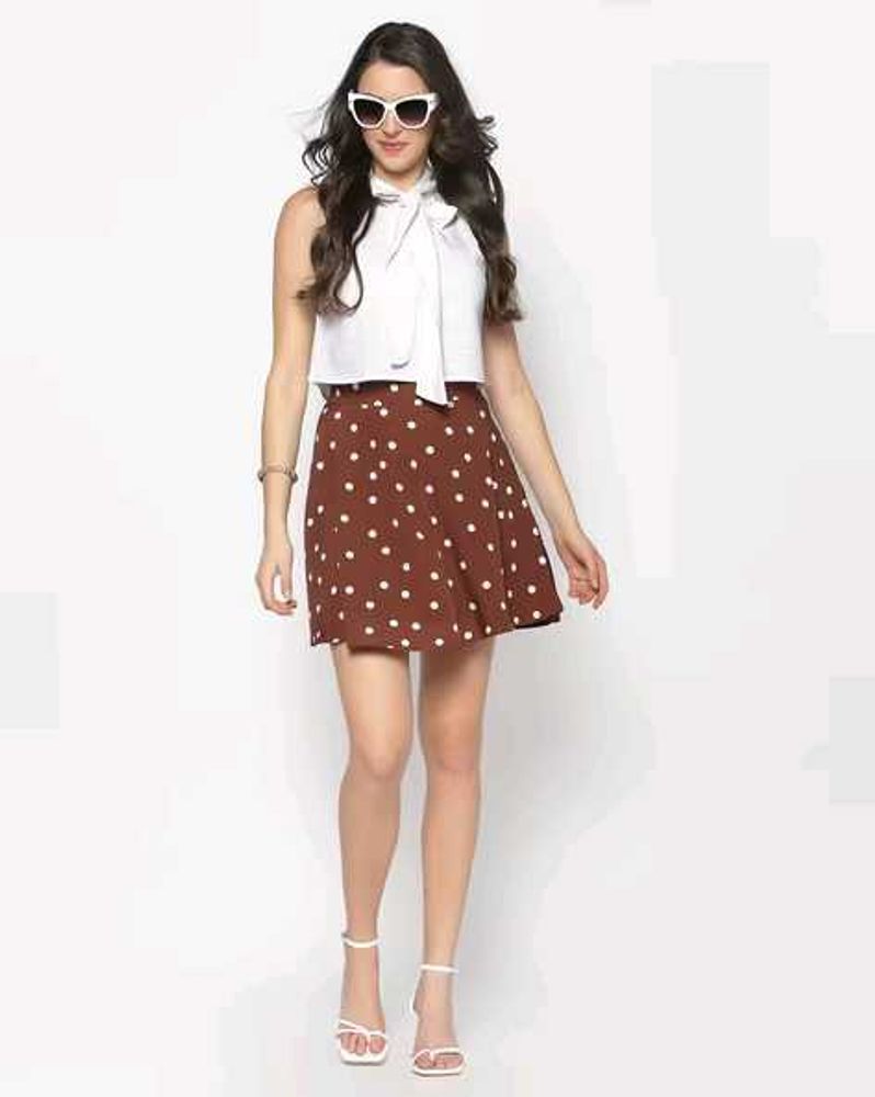SERA Women Brown Polka Dot Printed Flared Skirt