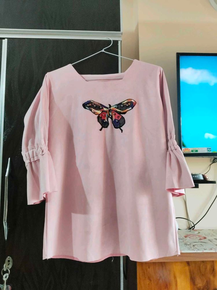 Butterfly Embroidered Pink Top