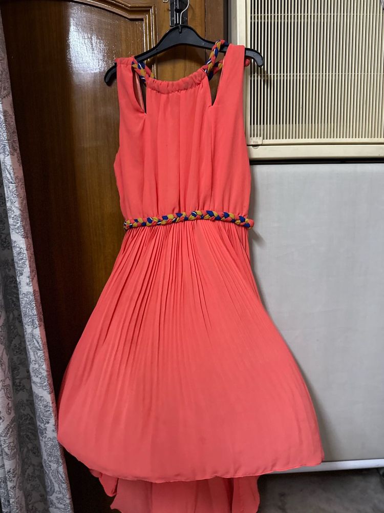 Coral Hi-Low Dress with Braided Waist