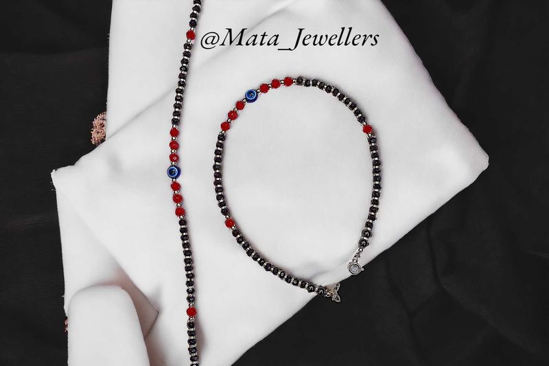 Evil Eye Black &amp; Red Beads Sterling Silver Anklet