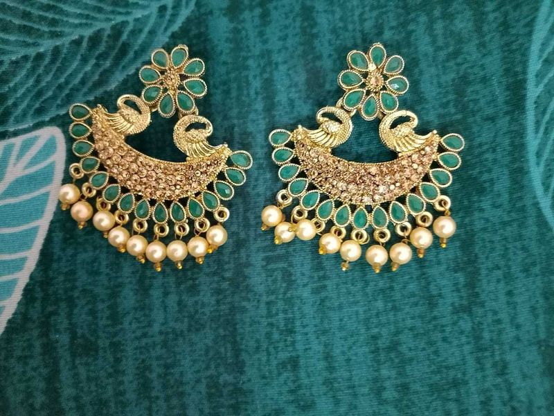 Emerald &amp; Pearl Peacock Earrings