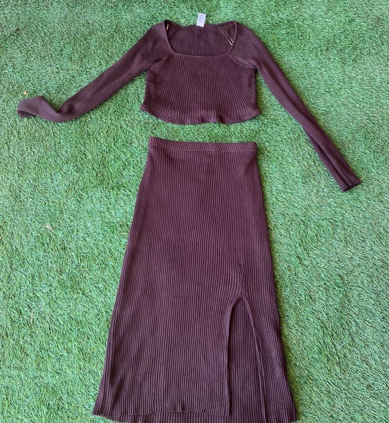 Coffee Brown Knitted Coord Skirt And Top