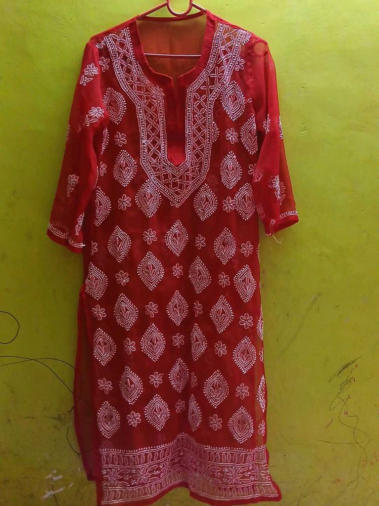 Red Embroidered Kurta