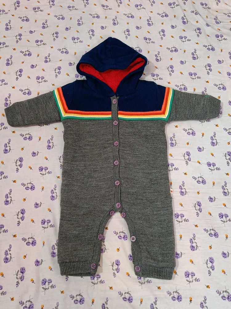 Unisex Grey Wollen Onesie With Hoodie