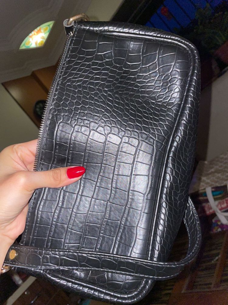 Black Crocodile Leather Shoulder Bag