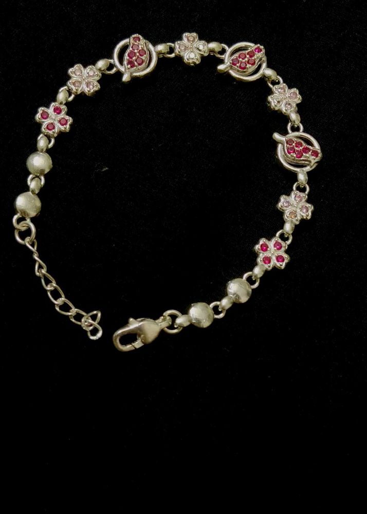 925 Silver  Floral  With Dark Pink Stone Bracelet