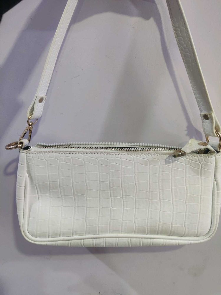 White Croc-Embossed Shoulder Bag