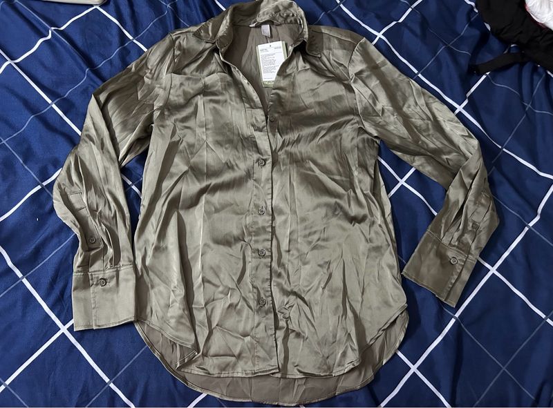H&amp;M Satin Olive Green Shirt- New With Tag-l