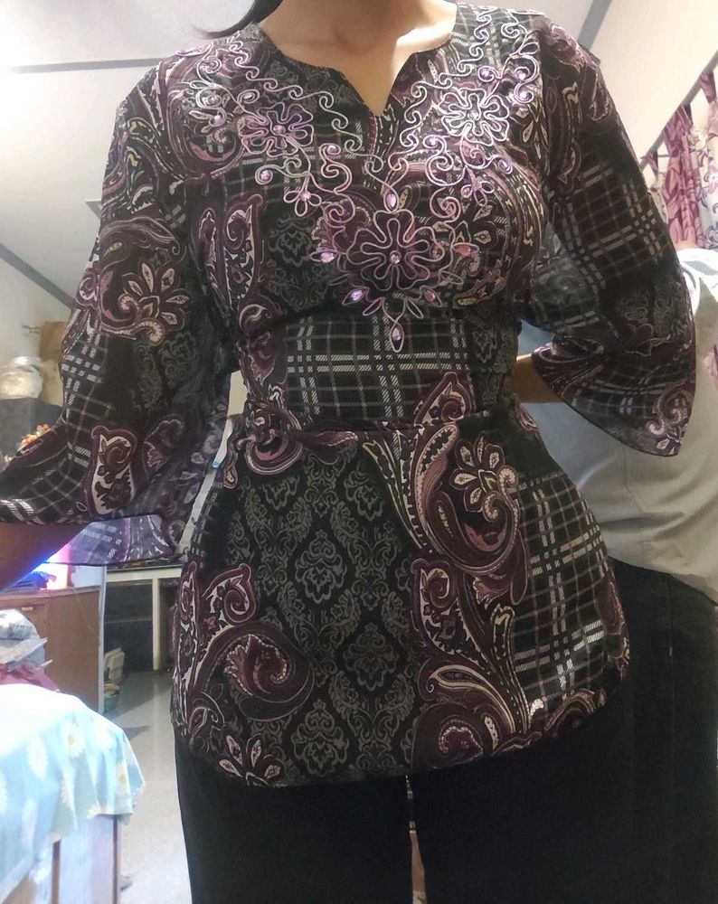 Y2k Checkered Paisley Mesh Kurti