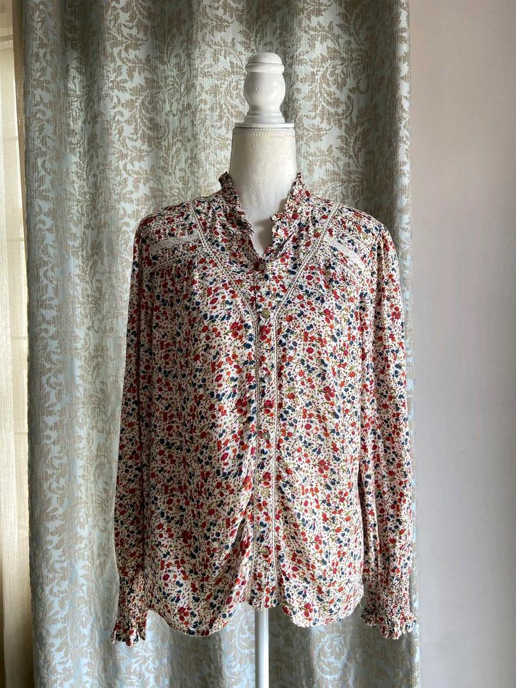 Floral Ruffle Neck Blouse