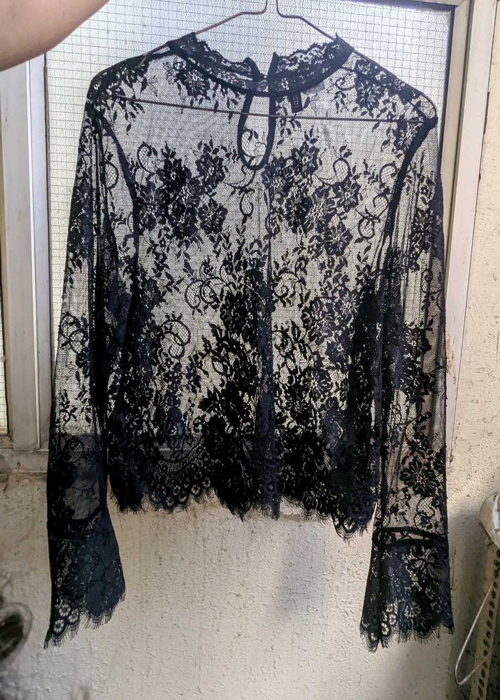 Black Full Sleeves Lace Top- H&amp;M