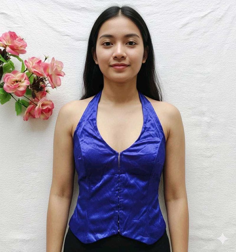 Blue Satin Halter Top