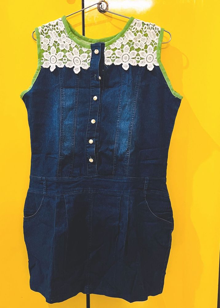Denim Mini Dress with Lace Detail
