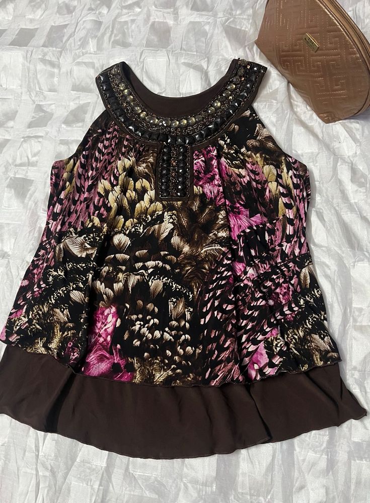 Yk2 Pinterest Beaded Neckline Abstract Print Top