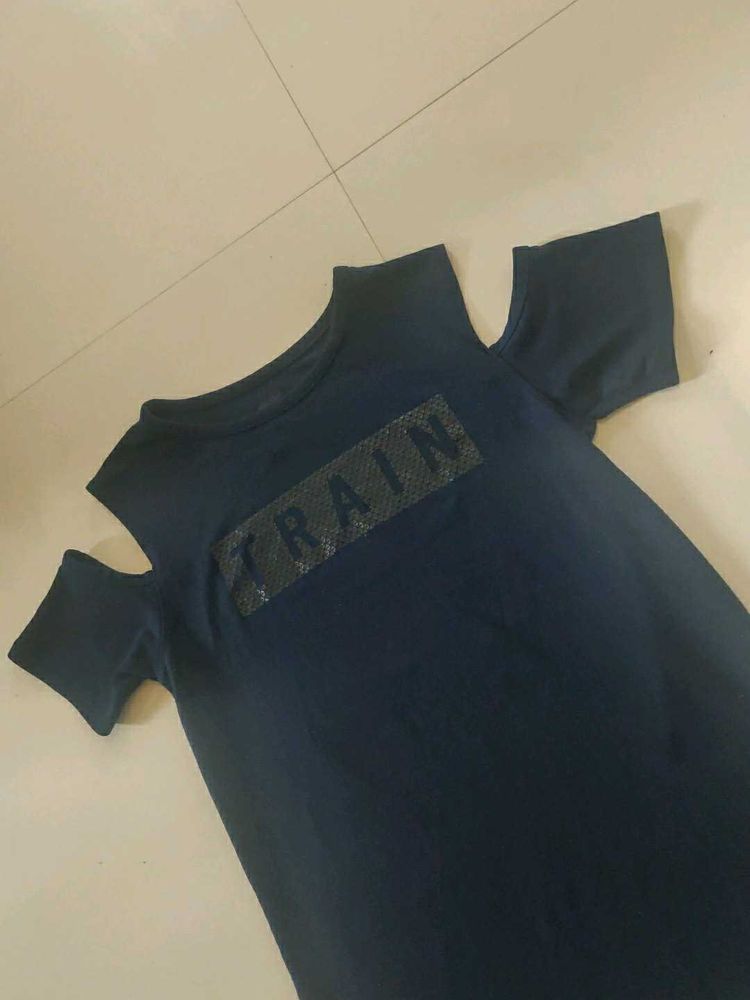 Navy Blue Cold-Shoulder T-Shirt with &#34;TRAIN&#34; Print