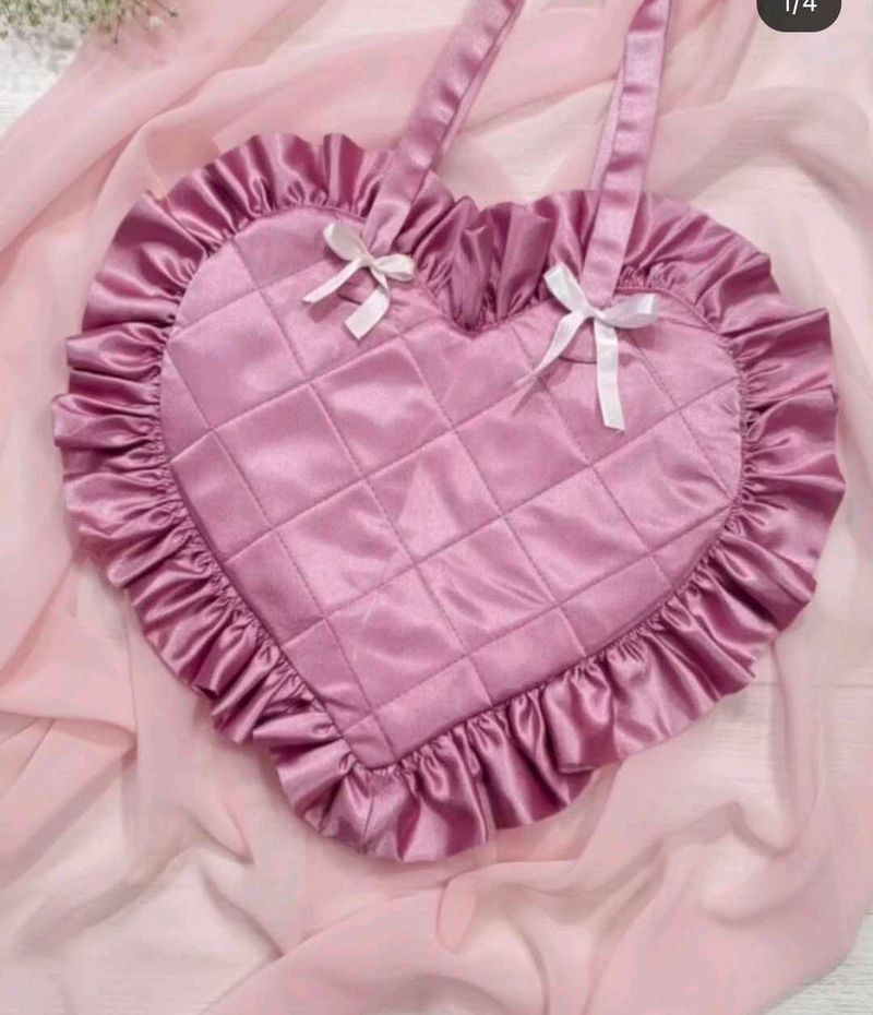 Heart shape satin tote bag with bow ribbons