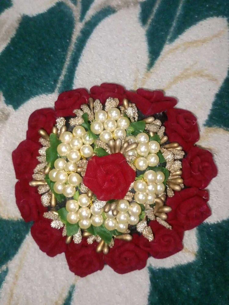Premium Red Rose Pearl Juda Bun (Handmade)