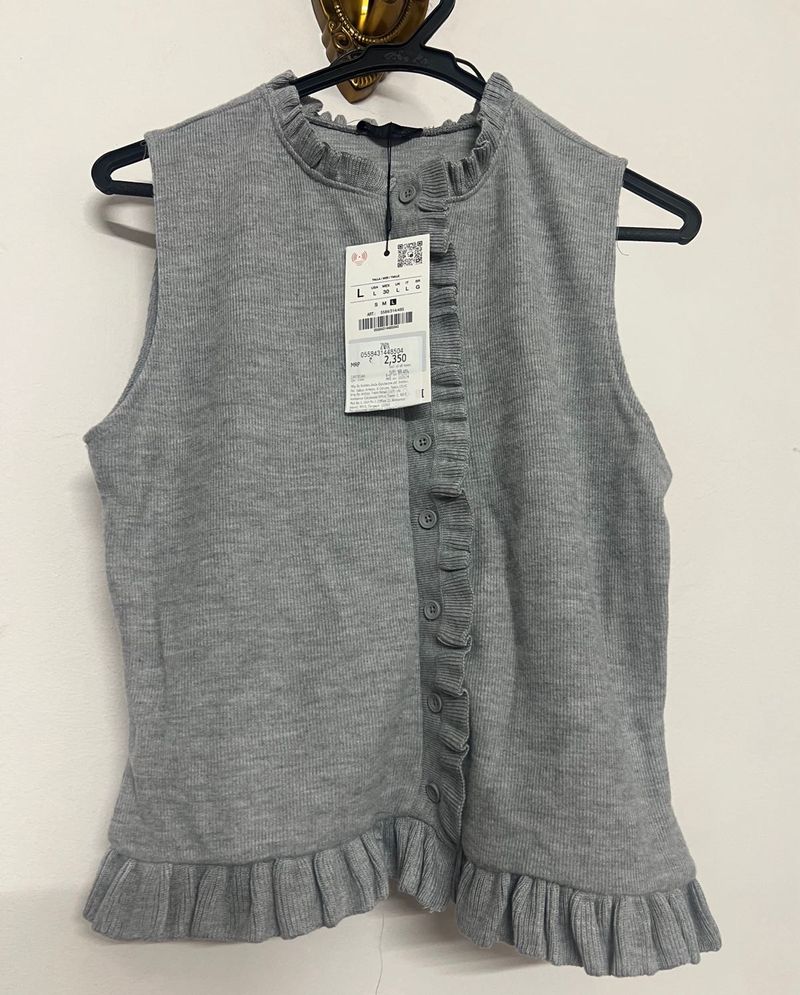 Zara Gray Ruffle Trim Top