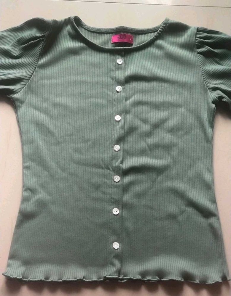 Olive Green Ribbed Button-Up Top