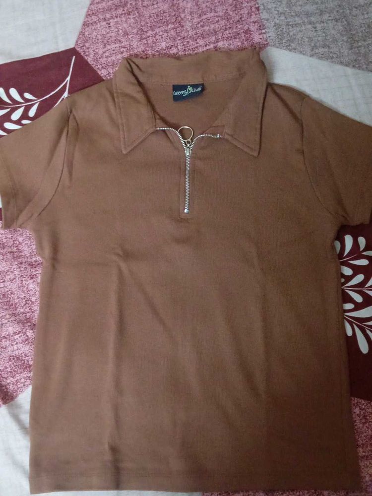 Brown Zipper Polo Top