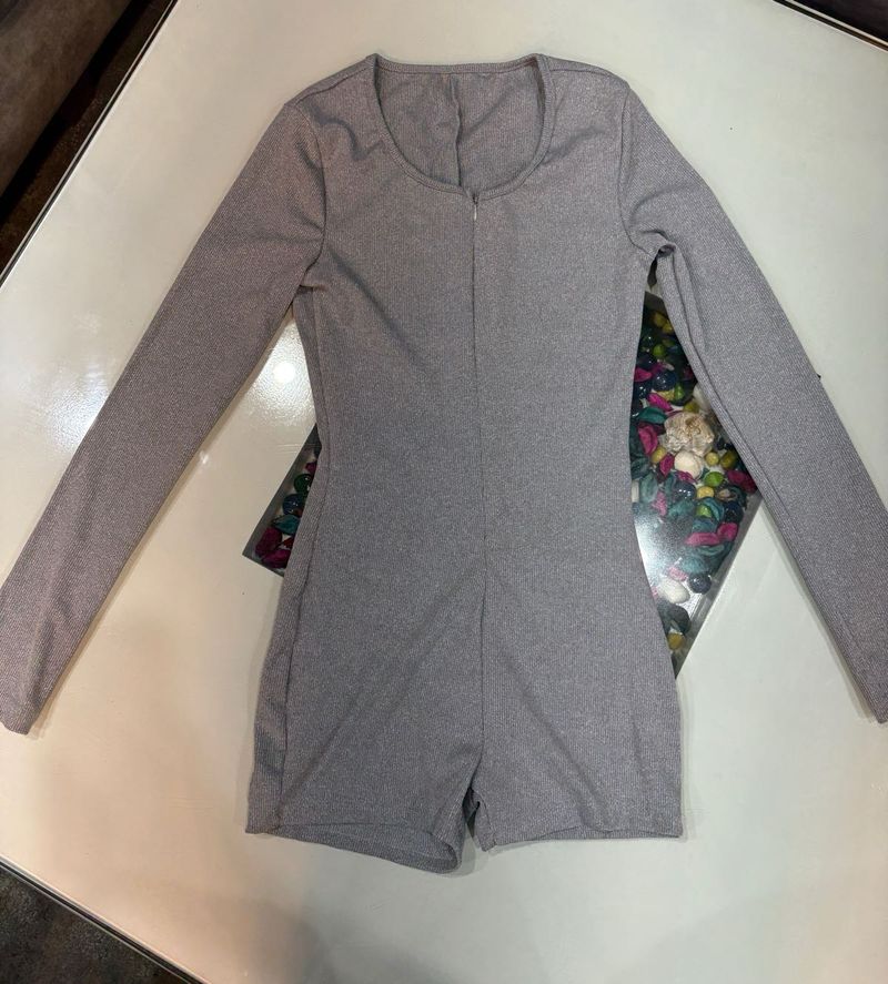Grey Ribbed Long Sleeve Bodysuit