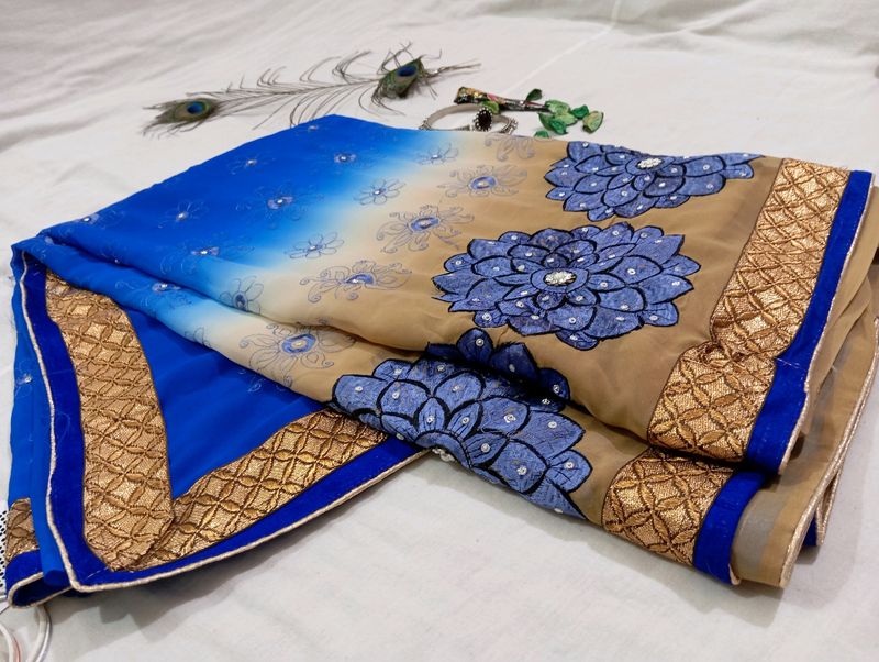 Embroidered Blue Saree With Blouse