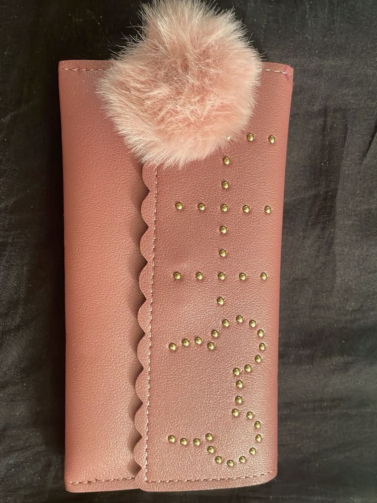 Chic Mauve Studded Wallet with Furry Pom-Pom